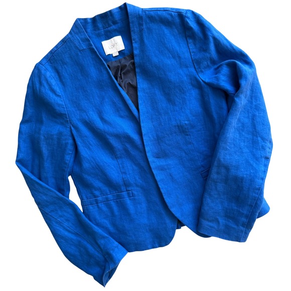 LOFT Jackets & Blazers - LOFT Women Royal Blue 100% Linen Open Front Peplum Blazer Jacket Size 10 Modern